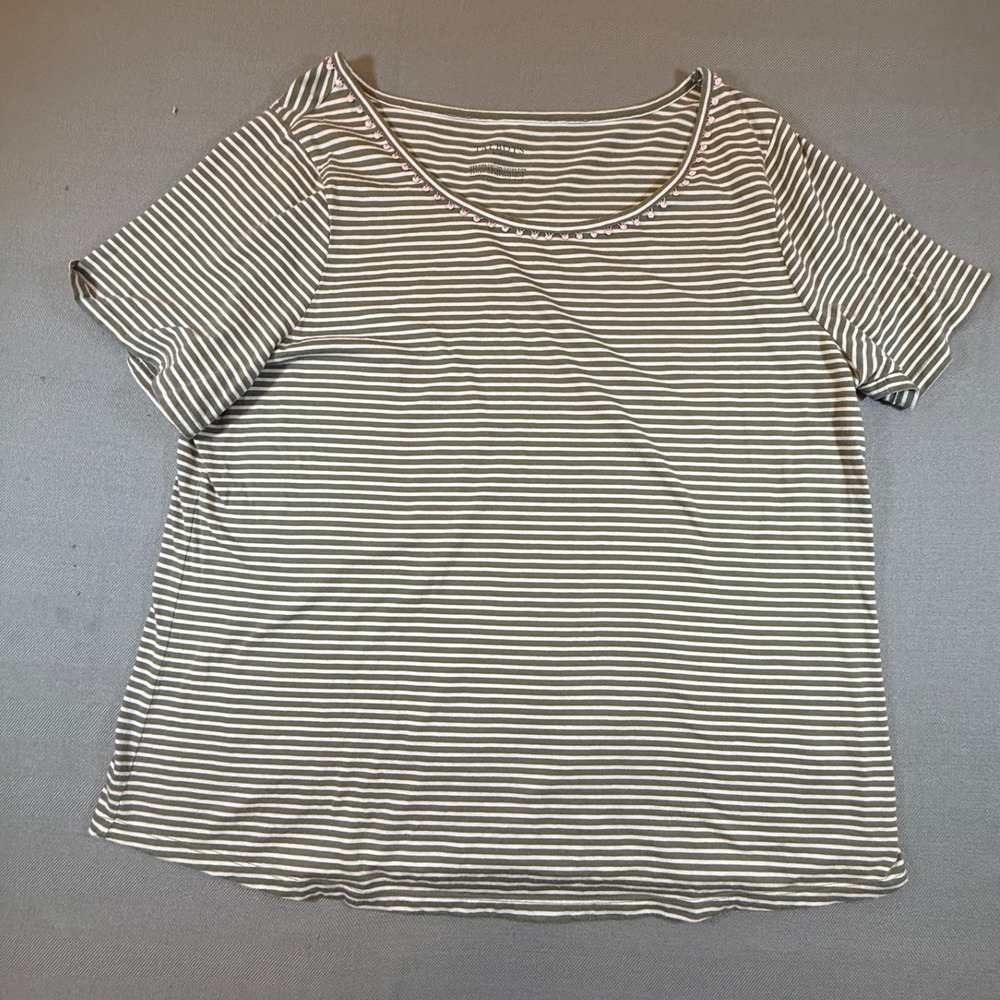 Talbots Plus 2X Pima Cotton Striped Tee Olive Green Pink Floral Trim S/S Top